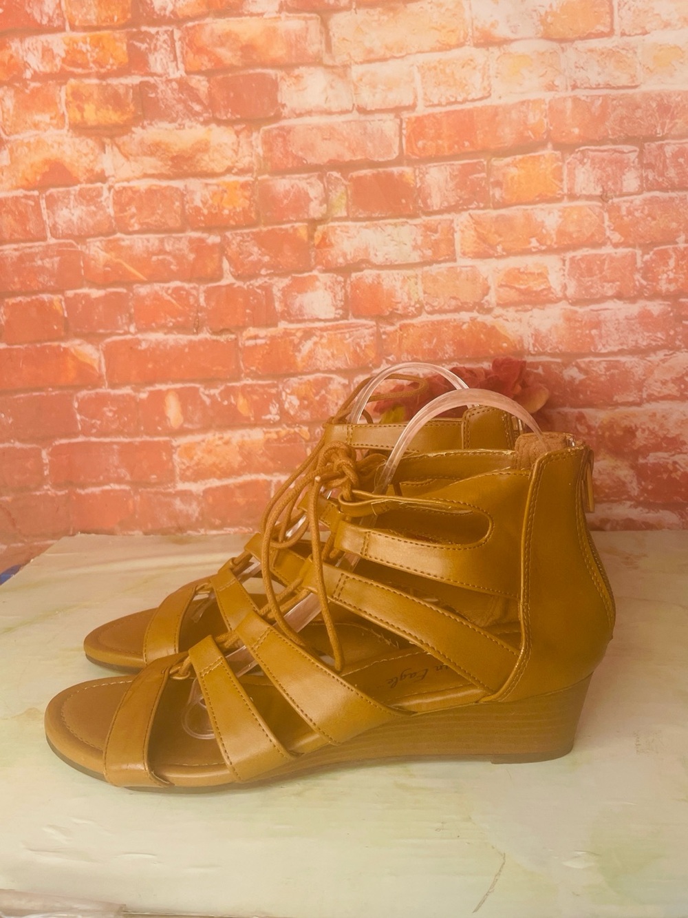 American Eagle Cognac Lace-Up Wedge Gladiator Sandals